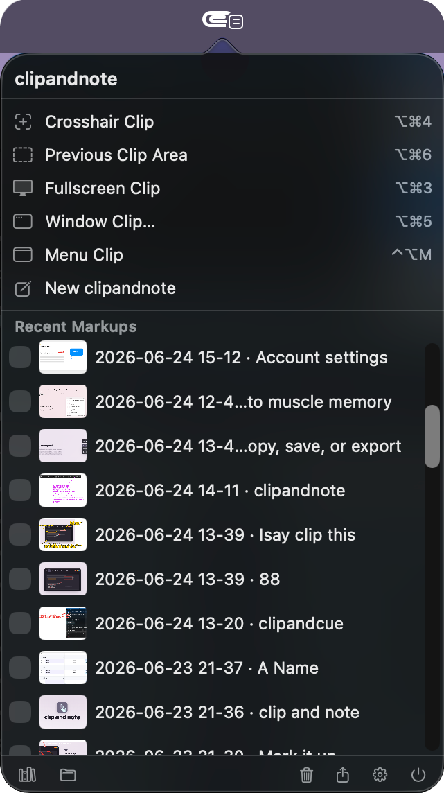 The clipandnote menu-bar dropdown